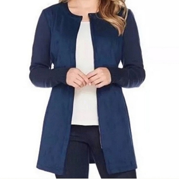 H By Halston Faux Suede Jacket W/Sweater Sleeves BLUE Sz 10 - Picture 11 of 11